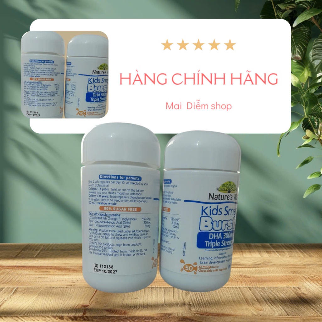 Viên nhai bổ sung DHA hàm lượng cao cho bé Nature's Way Kids Smart DHA 300mg Triple Strength 50 Viên