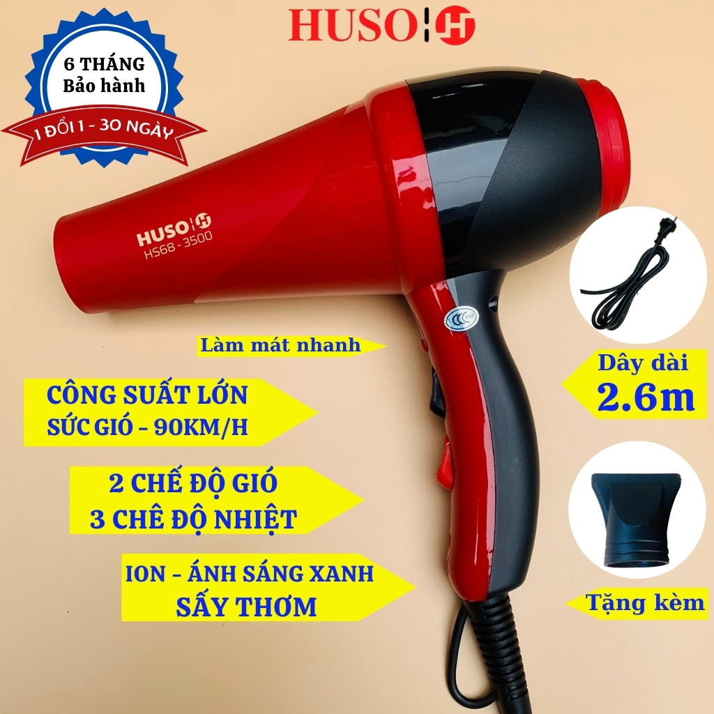 Máy sấy tóc HUSO công suất lớn, ION âm xanh, sấy nhanh 2 chiều nóng lạnh, chuẩn Salon