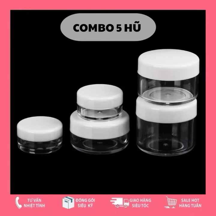 [COMBO 5 HŨ] 2g - 20g Hủ Nhựa Nắp Màu Trắng Hũ Chiết Mỹ Phẩm Thân Trong Dùng Chiết Kem Bột Sang Triết Mĩ Phẩm Du Lịch