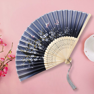 Quạt Tay Xếp Nhật Bản Cổ Trang Vải Lụa Hoa Anh Đào Nan Tre Khắc Laser Cosplay Chụp Ảnh Decor