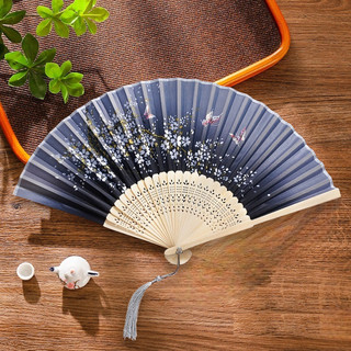 Quạt Tay Xếp Nhật Bản Cổ Trang Vải Lụa Hoa Anh Đào Nan Tre Khắc Laser Cosplay Chụp Ảnh Decor