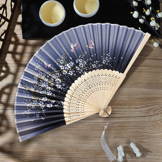 Quạt Tay Xếp Nhật Bản Cổ Trang Vải Lụa Hoa Anh Đào Nan Tre Khắc Laser Cosplay Chụp Ảnh Decor