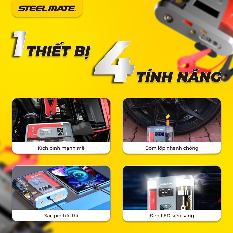 [DEAL SỐC - MUA 1 TẶNG 1] Bơm Lốp & Kích Bình Khẩn Cấp STEELMATE V12SE – Pin 8800mAh, Bảo hành 2 năm