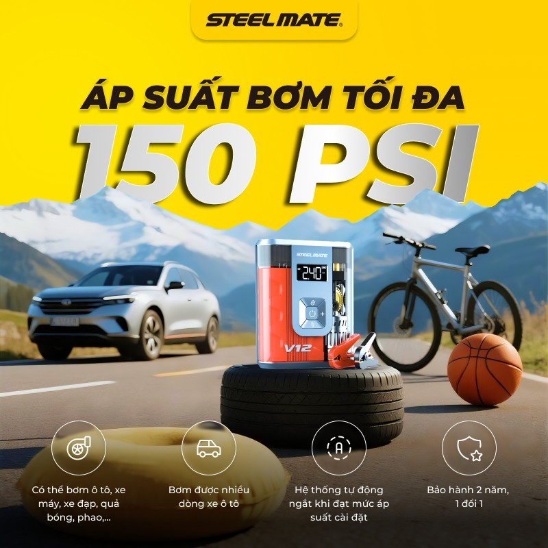 [DEAL SỐC - MUA 1 TẶNG 1] Bơm Lốp & Kích Bình Khẩn Cấp STEELMATE V12SE – Pin 8800mAh, Bảo hành 2 năm
