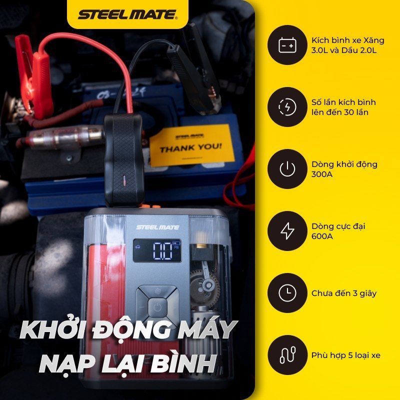 [DEAL SỐC - MUA 1 TẶNG 1] Bơm Lốp & Kích Bình Khẩn Cấp STEELMATE V12SE – Pin 8800mAh, Bảo hành 2 năm