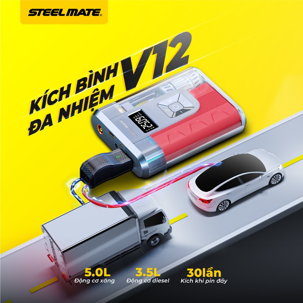[DEAL SỐC - MUA 1 TẶNG 1] Kích Bình Ô Tô & Bơm Lốp STEELMATE V12 - Dung Lượng Pin 12.000mAh, Bảo Hành 2 Năm