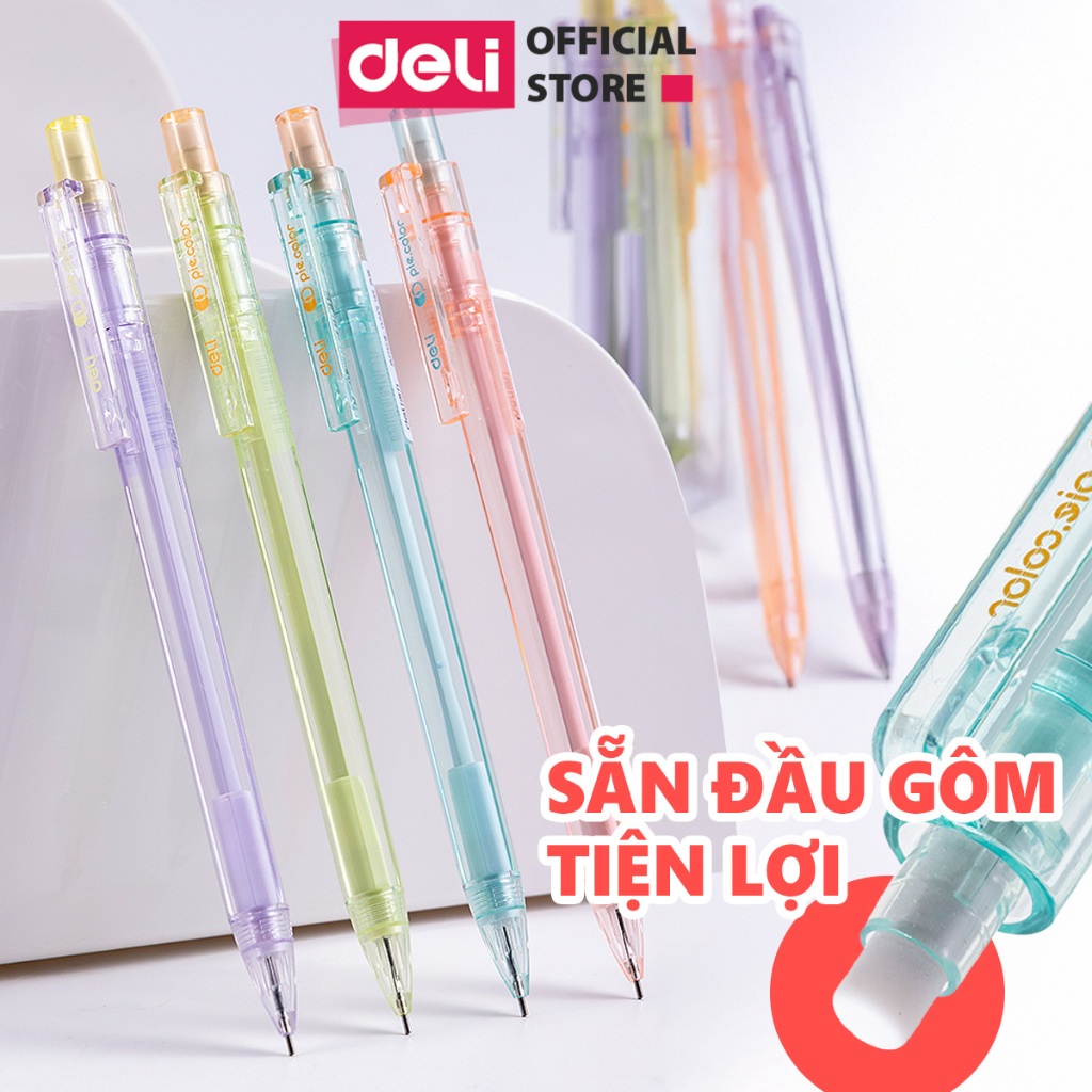 Bút Chì Kim Deli Ngòi 0.5/0.7mm Bút Chì Bấm Học Sinh Thiết Kế Siêu Xinh Phối Màu Pastel Kèm Gôm Tẩy Đầu Bút Tiện Lợi