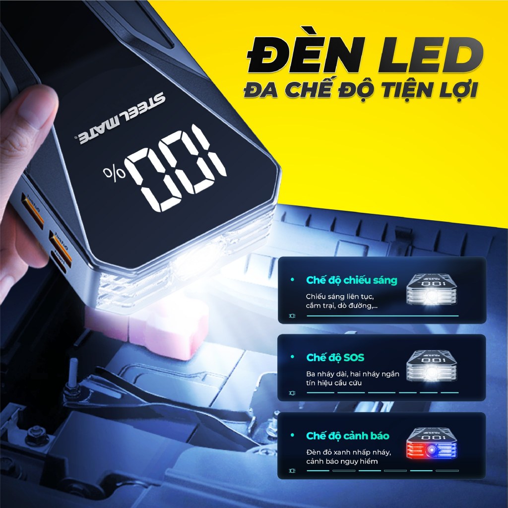 [DEAL SỐC - MUA 1 TẶNG 1] Kích Bình Ô Tô STEELMATE JS12E - Dung Lượng 12.000mAh, Đèn LED Khẩn Cấp, BH 2 Năm
