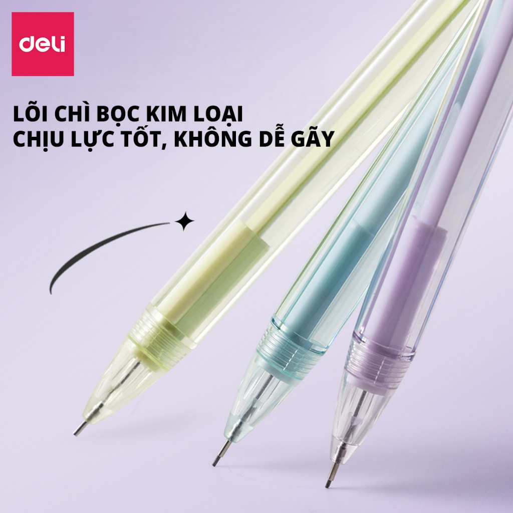 Bút Chì Kim Deli Ngòi 0.5/0.7mm Bút Chì Bấm Học Sinh Thiết Kế Siêu Xinh Phối Màu Pastel Kèm Gôm Tẩy Đầu Bút Tiện Lợi