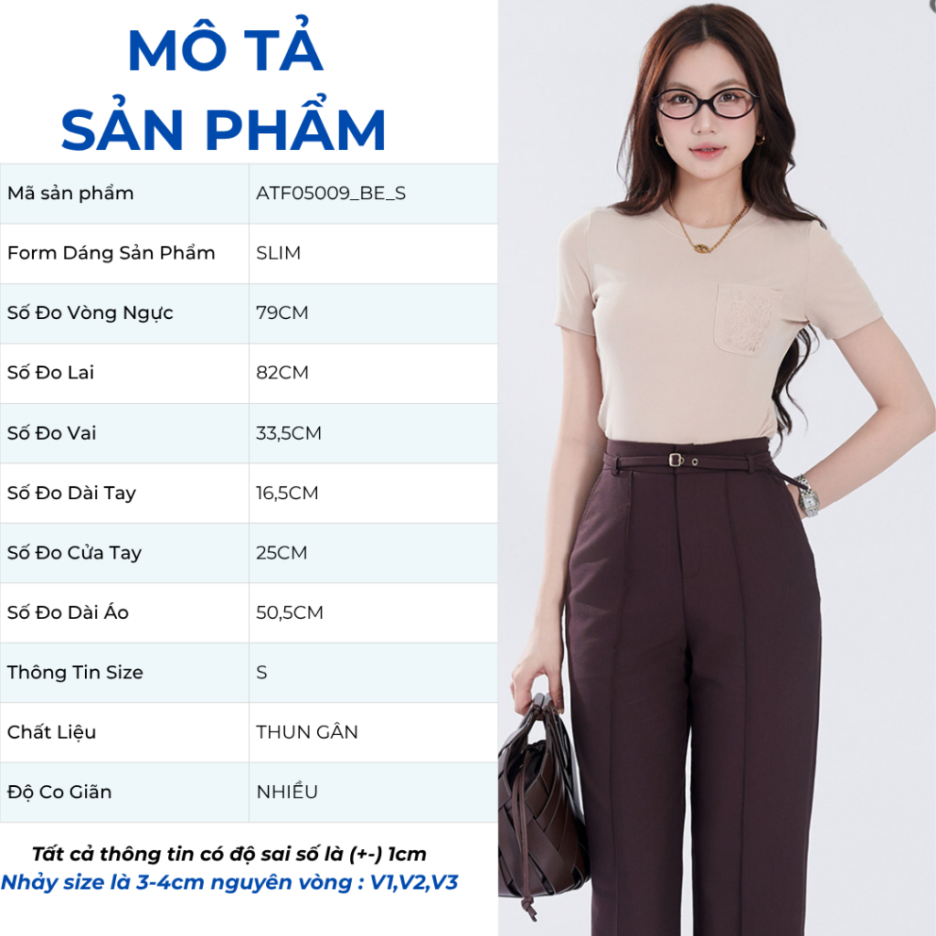 Áo thun nữ GUMAC kiểu ôm thêu hoa trên túi cổ tròn vải thun gân mềm mịn co giãn  ATF05009
