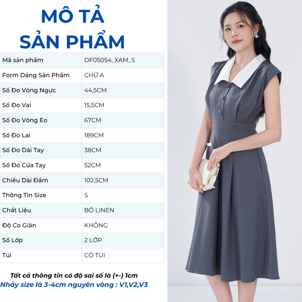 Đầm nữ GUMAC A cổ V phối trắng xếp ly 2 lớp vải bố linen dày dặn thanh lịch  DF05054