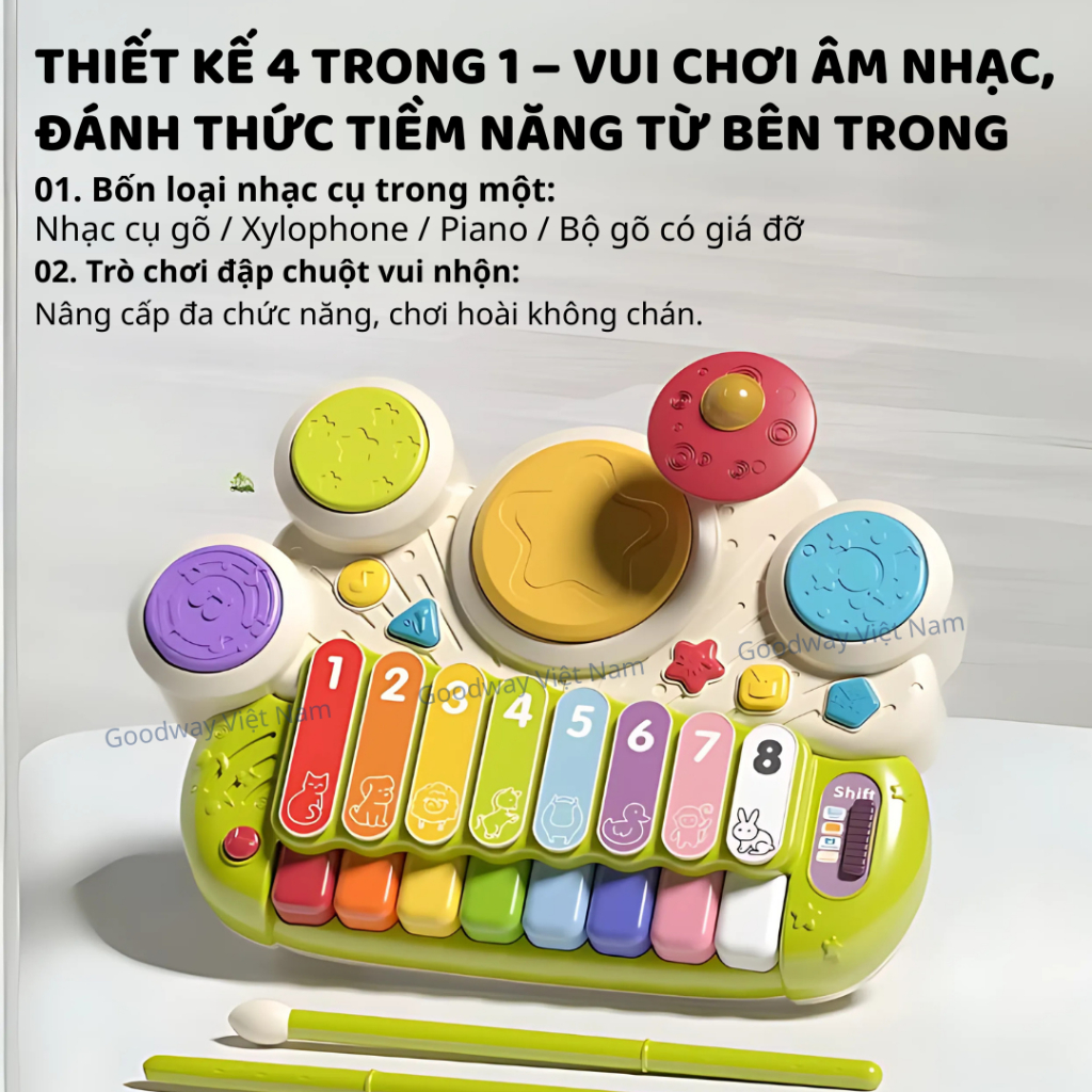 Đồ chơi âm nhạc Đàn Gõ Xylophone điện tử 8 nốt kèm trống Goodway Electronic Xylophone cho bé