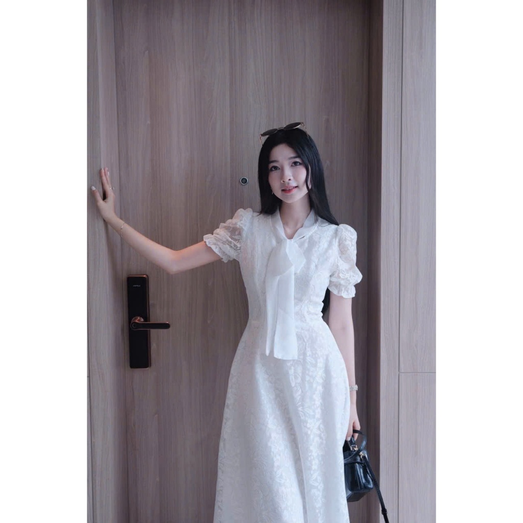 váy trắng dự tiệc công chúa tay bồng cổ nơ phong cách hàn quốc dễ thương, váy nữ dáng xòe điệu đà nữ tính