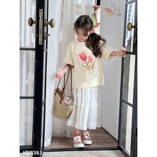 [B&G] Sét váy áo cotton be in hoa kèm chân váy dài trắng tiểu thư cho bé gái từ 12-45kg(2-12 tuổi)