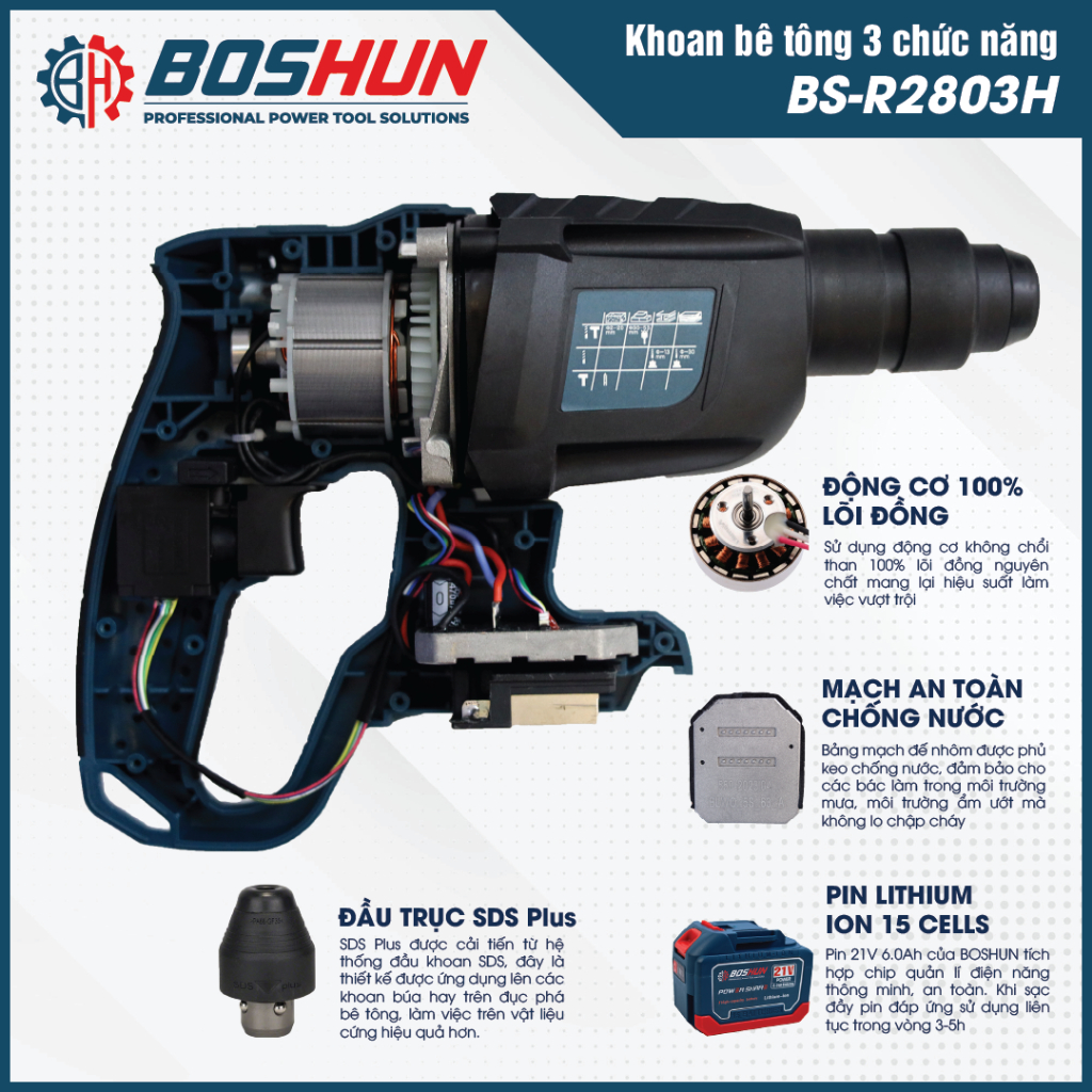 Máy KHOAN-BÚA-ĐỤC Boshun BS-G2803H, Chuyên Khoan Đục, Bê Tông, Rút Lõi, Combo Mũi Bê Tông Đuôi Gài