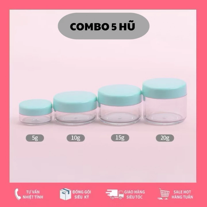 [COMBO 5 HŨ] 5g - 20g Hũ Nhựa Nắp Xanh Mint Đựng Mỹ Phẩm Hủ Đựng Kem Face Bột Sang Triết Mĩ Phẩm Thân Trong Suốt