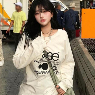 Hàn Quốc mua hộ áo thun dài tay aeae, kiểu mới nhất của nữ vào đầu thu, cổ tròn rộng thùng thình, chữ cái in hoa, áo đôi