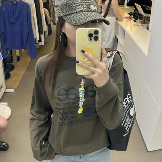 Hàn Quốc mua hộ áo thun dài tay aeae, kiểu mới nhất của nữ vào đầu thu, cổ tròn rộng thùng thình, chữ cái in hoa, áo đôi