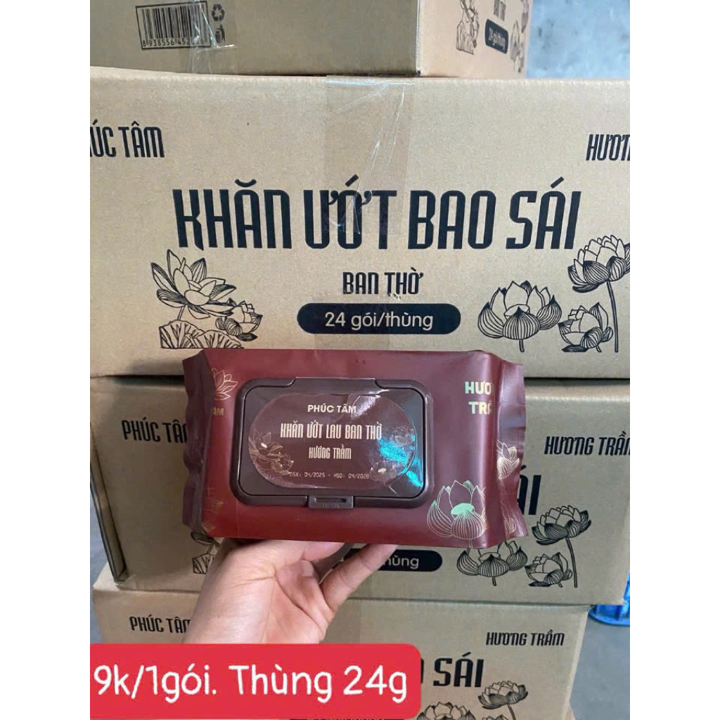 [ Giảm giá 70%] Thùng 24 gói khăn ướt bao sái hương trầm Phúc Tâm mềm nhẹ nhàng làm sạch các vật phẩm thờ cúng