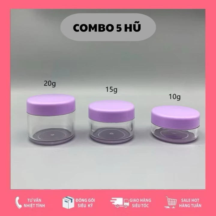 [COMBO 5 HŨ] 5g - 20g Hũ Hộp Chiết Mỹ Phẩm Nắp Tím Pastel Hủ Tròn Đựng Kem, Triết Mĩ Phẩm