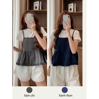 Set Đồ Nữ Áo Thun Trơn Cộc Tay Kèm Áo 2 Dây Xếp Ly Viền Bèo