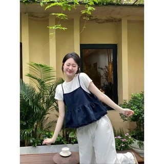 Set Đồ Nữ Áo Thun Trơn Cộc Tay Kèm Áo 2 Dây Xếp Ly Viền Bèo