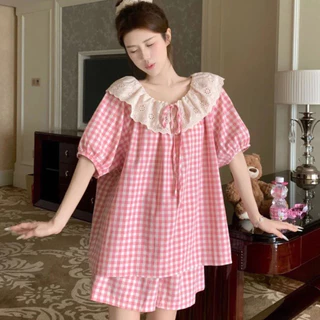 Set Đồ Ngủ Nữ ,Bộ Pijama CỔ REN Kẻ Caro Nhiều Màu Phong Cách Hàn Quốc