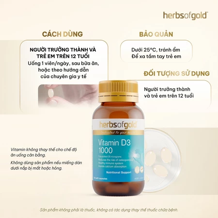 Viên Uống Vitamin D3 Herbs of Gold 1000 IU – Hấp Thu Canxi & Xương Khỏe Mạnh – Hộp 120 Viên