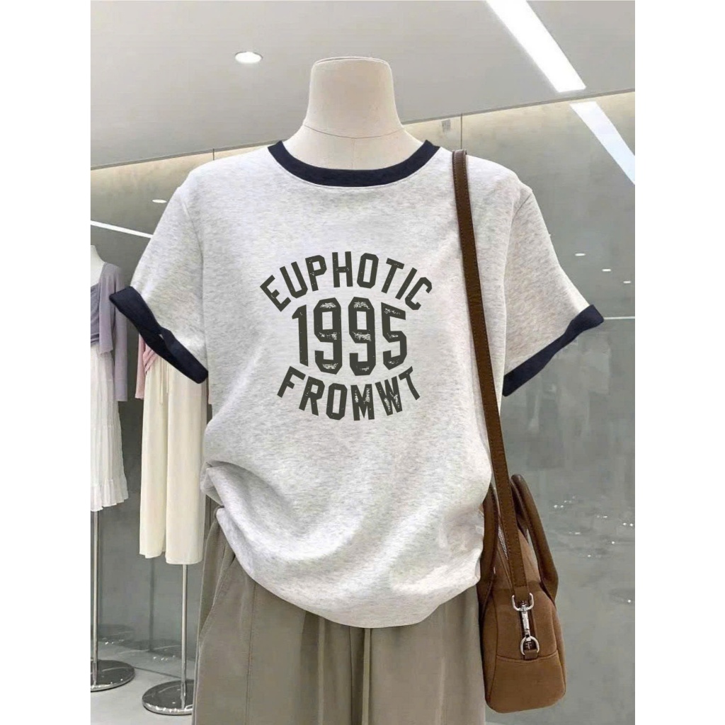 Áo thun nữ bo viền in hình JULY FASHION, Áo thun nữ xám bo viền Chất thun Cotton dày dặn mát mẻ