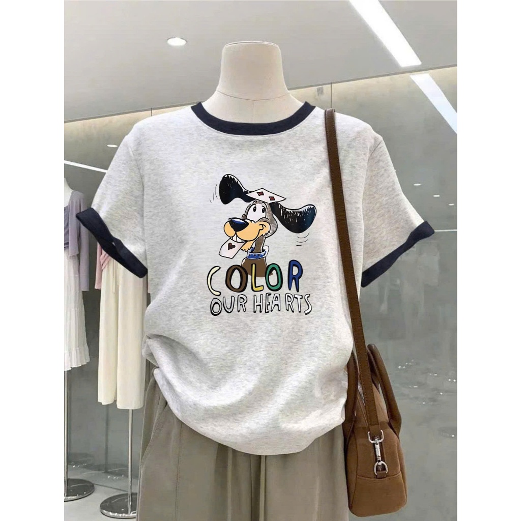 Áo thun nữ bo viền in hình JULY FASHION, Áo thun nữ xám bo viền Chất thun Cotton dày dặn mát mẻ