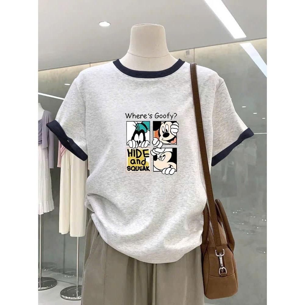 Áo thun nữ bo viền in hình JULY FASHION, Áo thun nữ xám bo viền Chất thun Cotton dày dặn mát mẻ