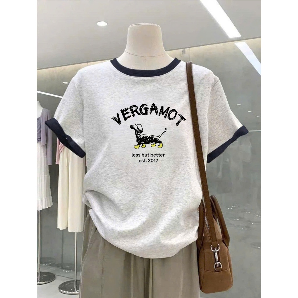 Áo thun nữ bo viền in hình JULY FASHION, Áo thun nữ xám bo viền Chất thun Cotton dày dặn mát mẻ