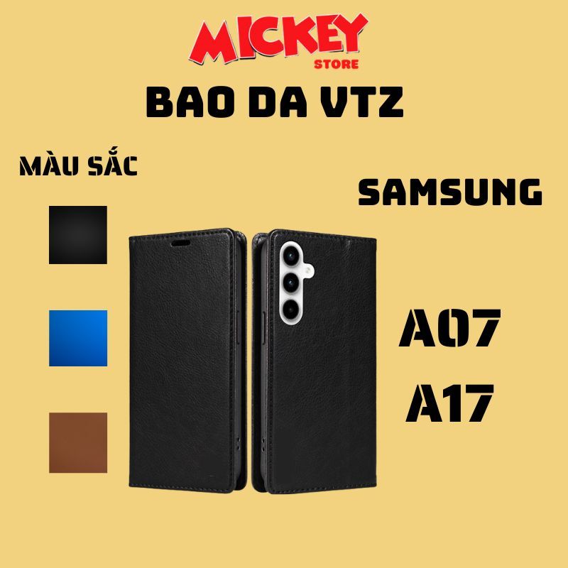 Bao da gập 2 mặt cho Samsung A07 A17 – Có ngăn đựng thẻ tiện lợi, nam châm hít chắc chắn
