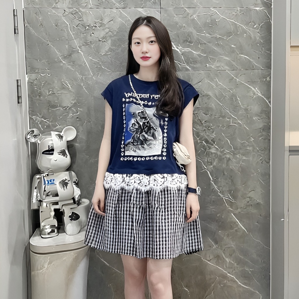 Đầm nữ form rộng Váy đuôi cá dáng ngắn tay hến phối ren chân kẻ caro vintage trẻ trung  suông bigsize đi chơi T1342G