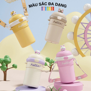 Bình Nước Giữ Nhiệt Dung Tích 450ml - Bình Thủy Tinh Bọc Nhựa Cho Bé Đi Học,  Có Ống Hút Tiện Lợi, Nắp Thú Dễ Thương