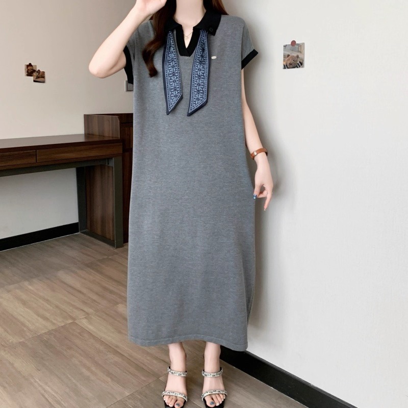Đầm nữ Váy polo dáng dài phối khăn suông form rộng cộc tay đen xám cổ bẻ bigsize bầu thắt nơ cổ basic cách điệu T1343G