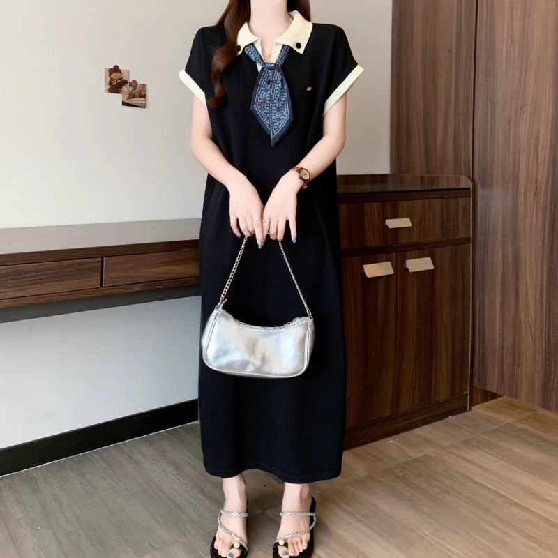 Đầm nữ Váy polo dáng dài phối khăn suông form rộng cộc tay đen xám cổ bẻ bigsize bầu thắt nơ cổ basic cách điệu T1343G
