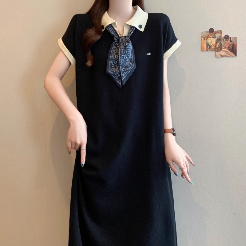 Đầm nữ Váy polo dáng dài phối khăn suông form rộng cộc tay đen xám cổ bẻ bigsize bầu thắt nơ cổ basic cách điệu T1343G