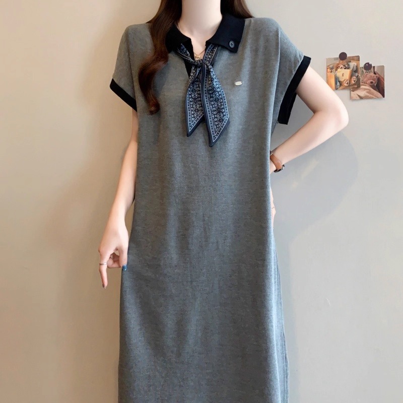 Đầm nữ Váy polo dáng dài phối khăn suông form rộng cộc tay đen xám cổ bẻ bigsize bầu thắt nơ cổ basic cách điệu T1343G