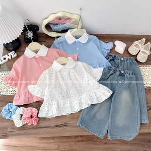 Sét áo sơ mi hoạ tiết chấm bi mix quần jeans mềm cho bé gái - Tặng kèm dây buộc tóc