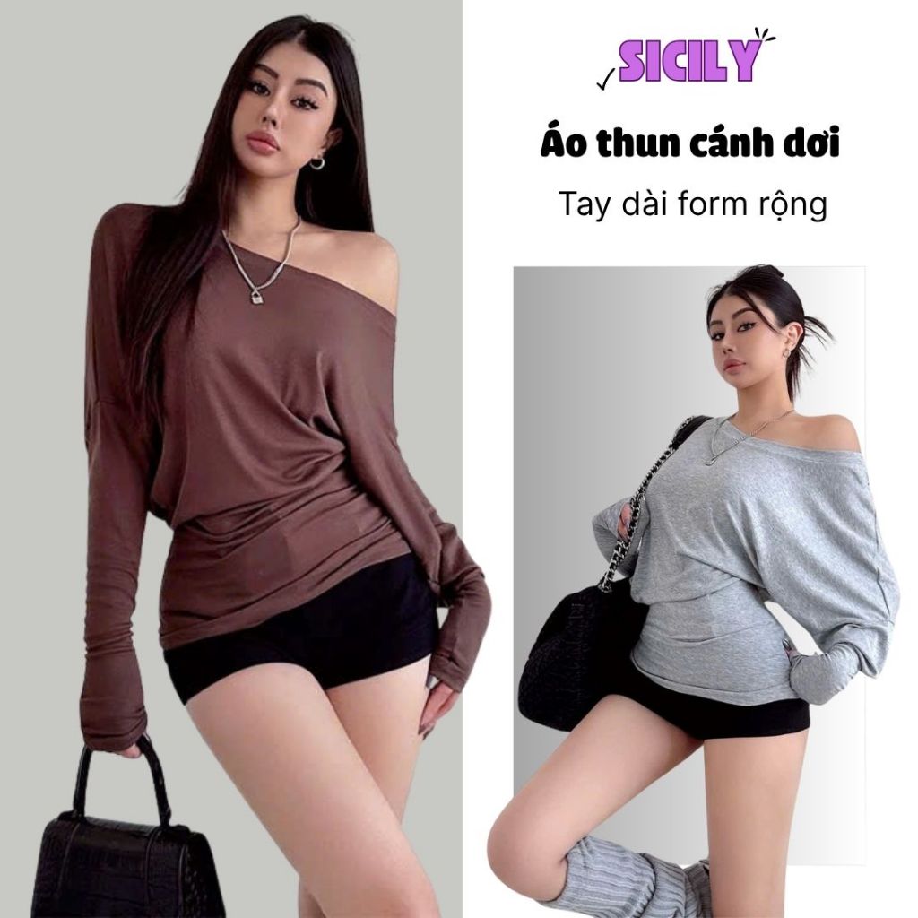 Áo thun cánh dơi tay dài Sicily dáng rộng trễ vai CDTD