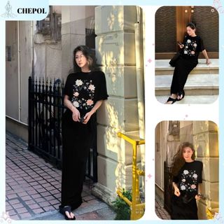 Set ( Áo Thun Đen + Chân Váy Đuôi Cá)  Áo Phông Nữ Chepol UNISEX,Cổ Tròn,Tay Ngắn Chất Cotton Co Dãn 2 Chiều CP-12517