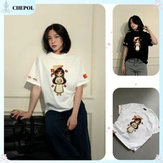 Áo Thun Nữ In Cô Gái Cờ Đỏ Sao Vàng Cao Cấp CHEPOL Unisex 100% Cotton Thoáng Mát,Thấm Hút,Cổ Tròn Form Oversize CP_12490