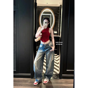 Quần jeans suông cut out phối màu