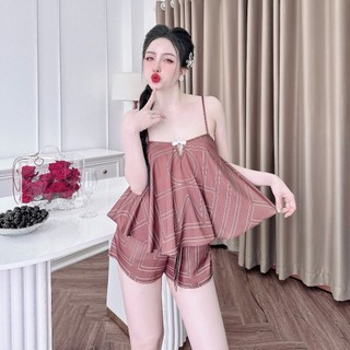 Bộ Ngủ Nữ, Đồ Bộ Mặc Nhà Lụa Latin Cao Cấp MiLi – Áo 2 Dây Thắt Nút Tàu, Quần Đùi Thắt Nơ Có Túi