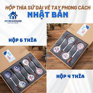 Bộ thìa muỗng gốm sứ vẽ tay phong cách Nhật Bản, thìa to cán dài sang trọng quý phái có hộp