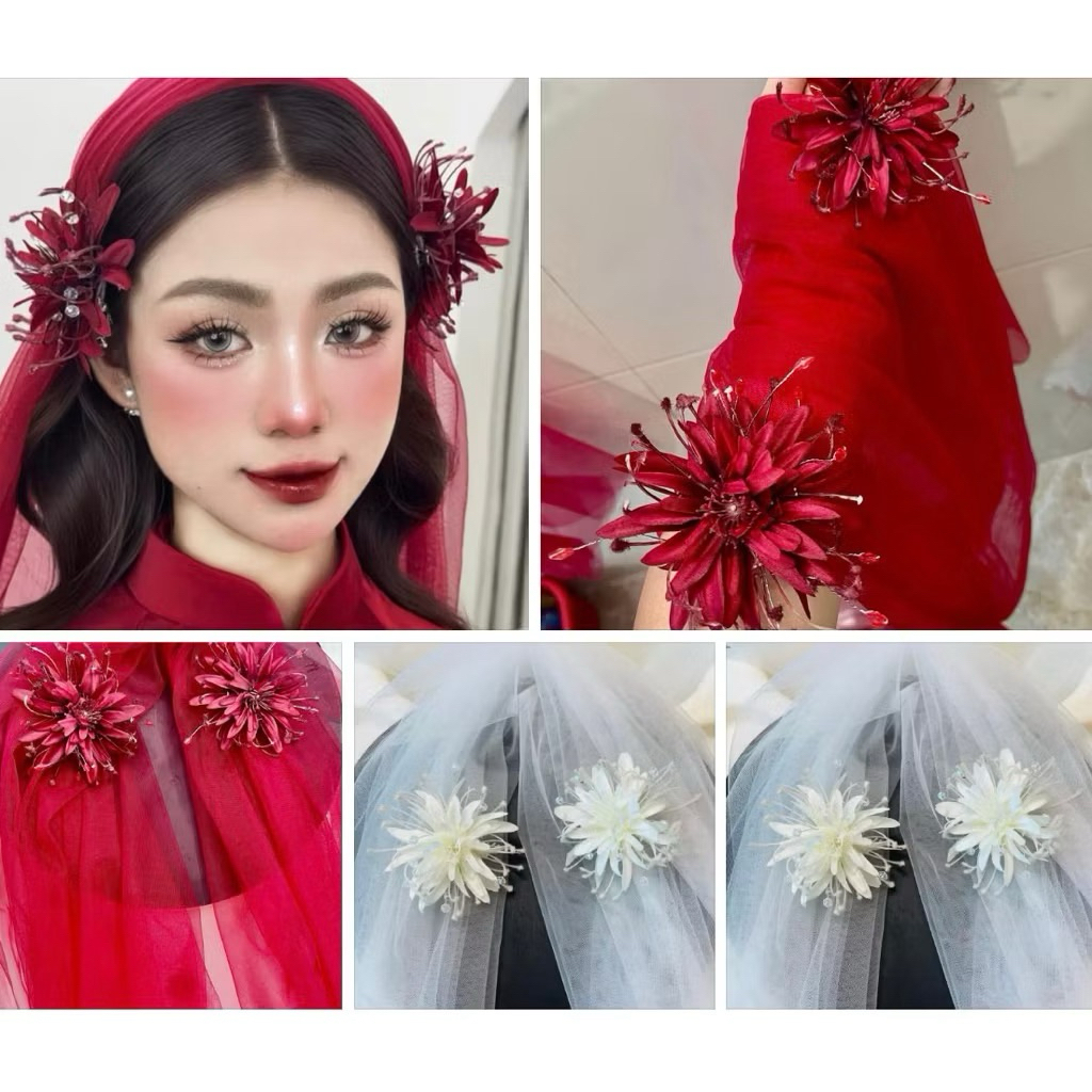 ✨✨✨ Set hoa cài tóc và voan cô dây đỏ đô xinh|PHUKIENCUOIYENLINH