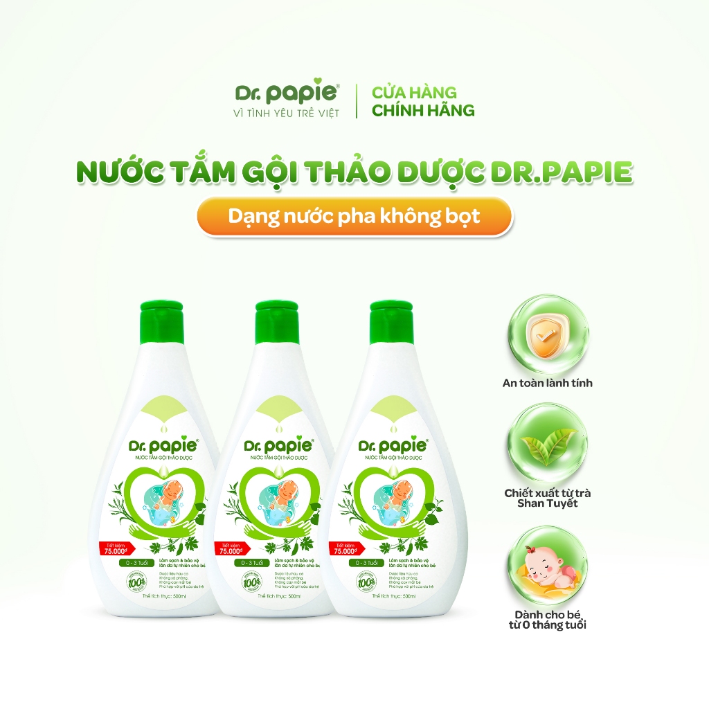 [500ml] Combo 3 Nước Tắm Gội 2 IN 1 Chiết Xuất Trà Shan Tuyết Giảm Mẩn Đỏ Rôm Sảy Dr.Papie dành cho bé sơ sinh