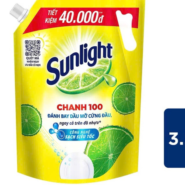 Nước rửa chén Sunlight Bio-care Thiên Nhiên 100% Gốc thực vật Lô Hội/Gừng/Trà Xanh Túi 3,3kg