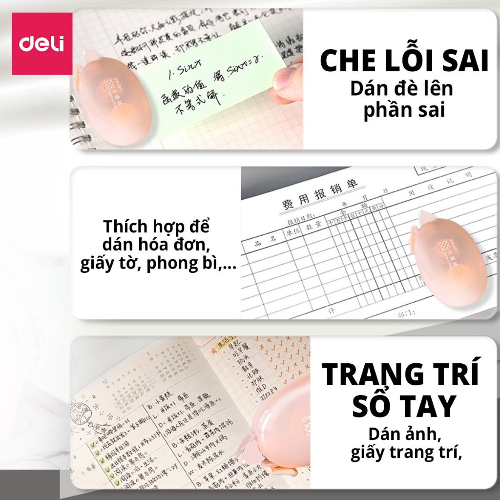 Băng Dính 2 Mặt Dạng Kéo 8/16m Deli Băng Keo Dính 4 Màu Kẹo Ngọt Siêu Xinh Keo Dính Chắc Chắn Có Thể Xóa Được